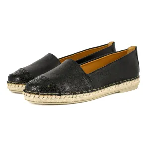 Consisela : Ladies Leather Espadrille Shoe in Black Cayak & Black Coco Lux