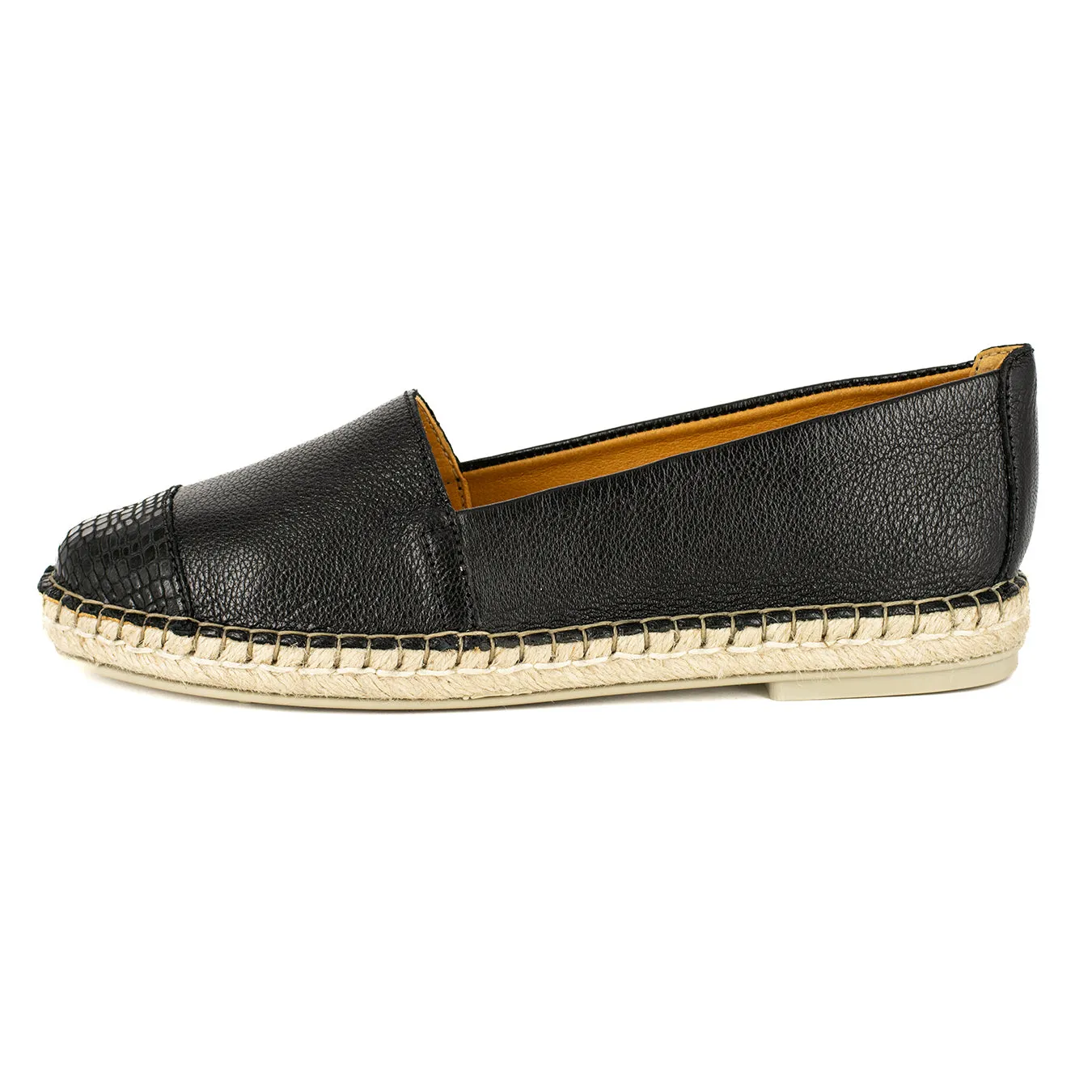 Consisela : Ladies Leather Espadrille Shoe in Black Cayak & Black Coco Lux