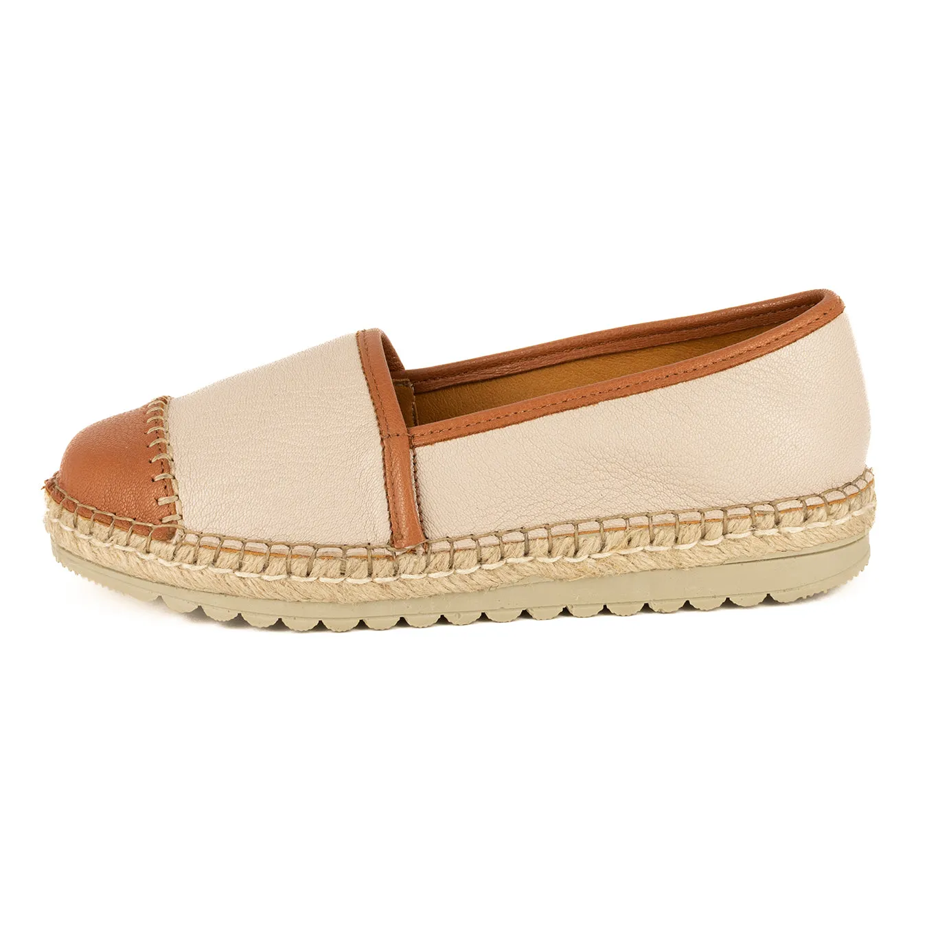 Cottonou : Ladies Leather Espadrille in Cream & Oak Cayak