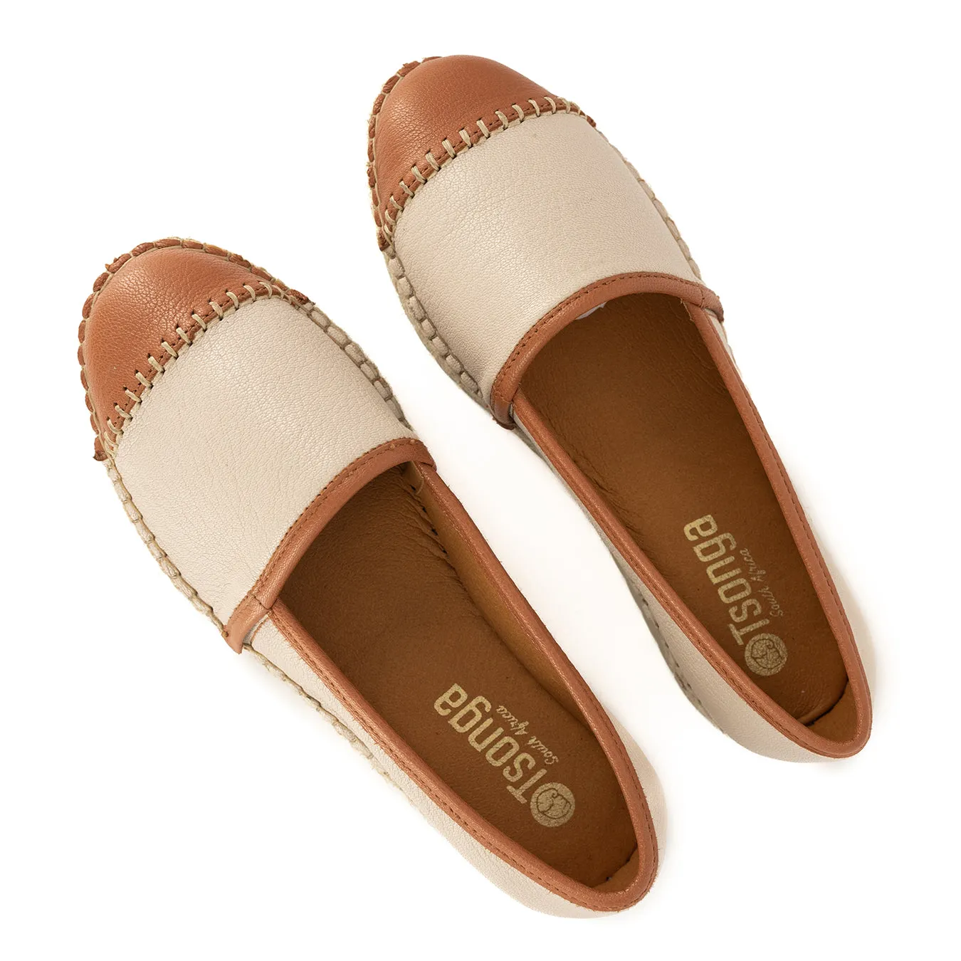 Cottonou : Ladies Leather Espadrille in Cream & Oak Cayak