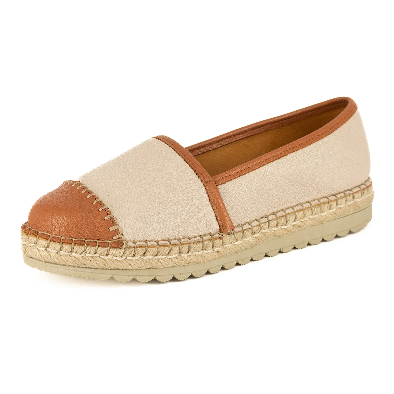 Cottonou : Ladies Leather Espadrille in Cream & Oak Cayak