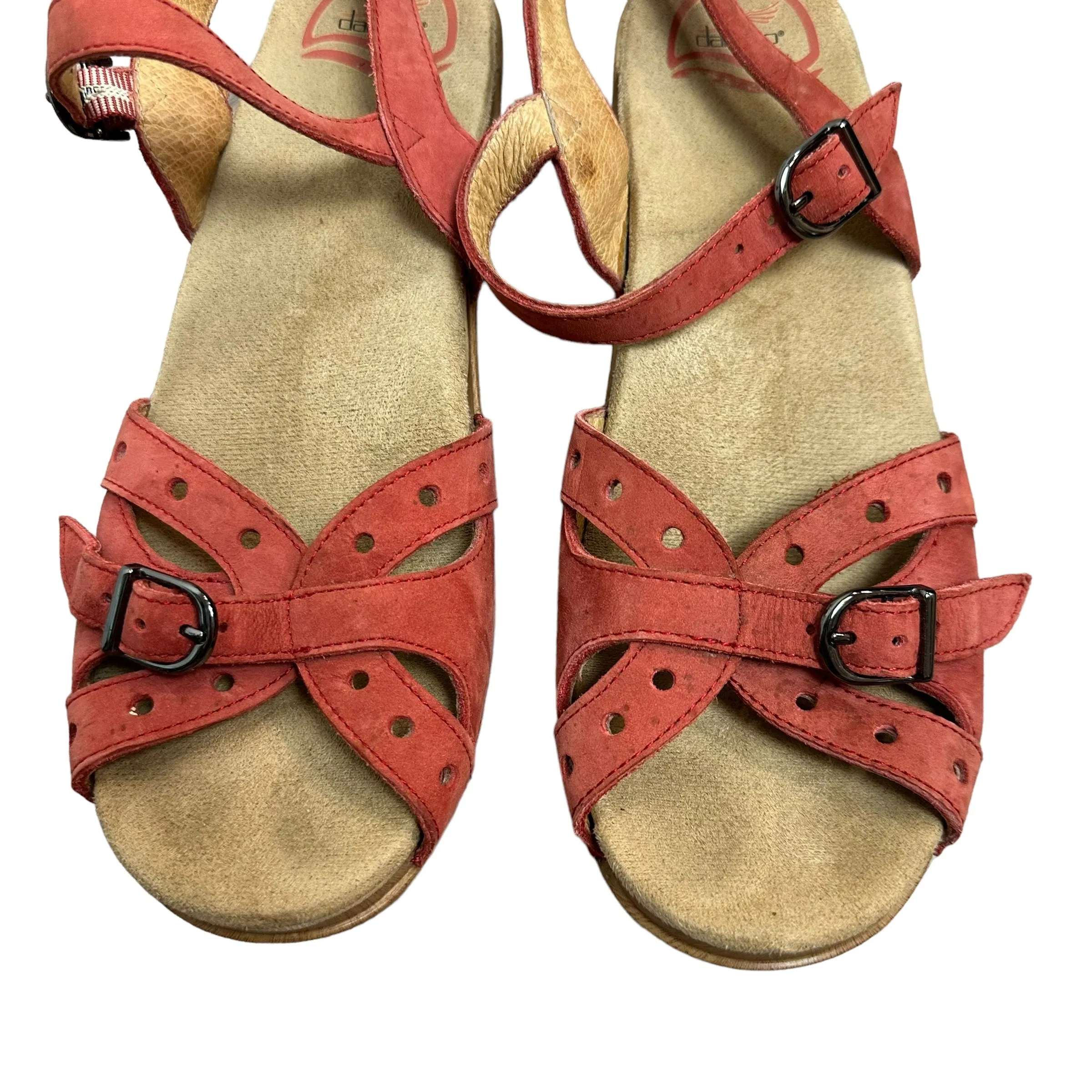 Dansko Sissy Sandals Wedge Open Toe Red Ankle Strap Clog Leather Platform 38