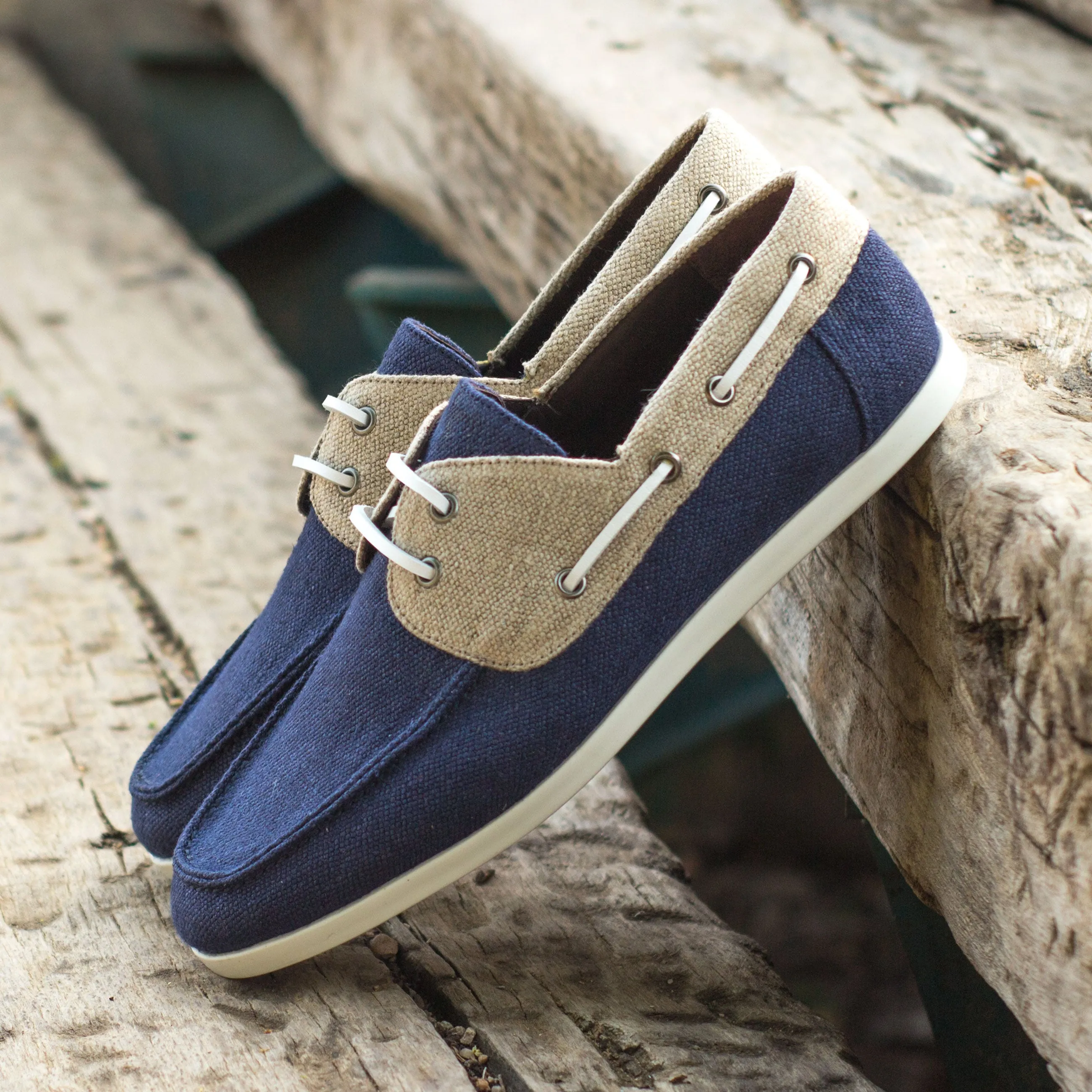 DapperFam Nauticus in Ice / Navy Men's Linen Boat Shoe