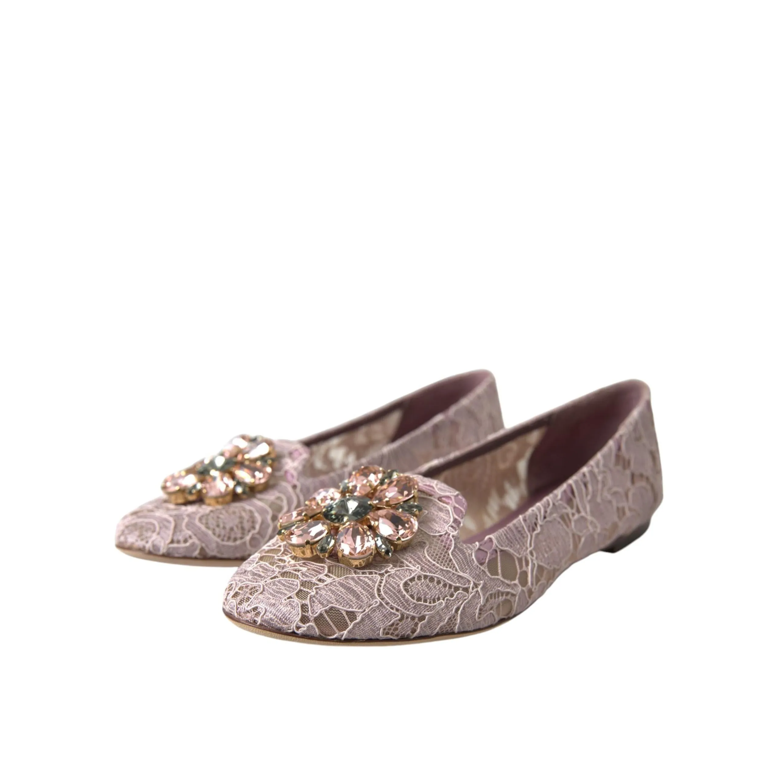 Dolce & Gabbana Pink Lace Crystal Ballet Flats Loafers Shoes