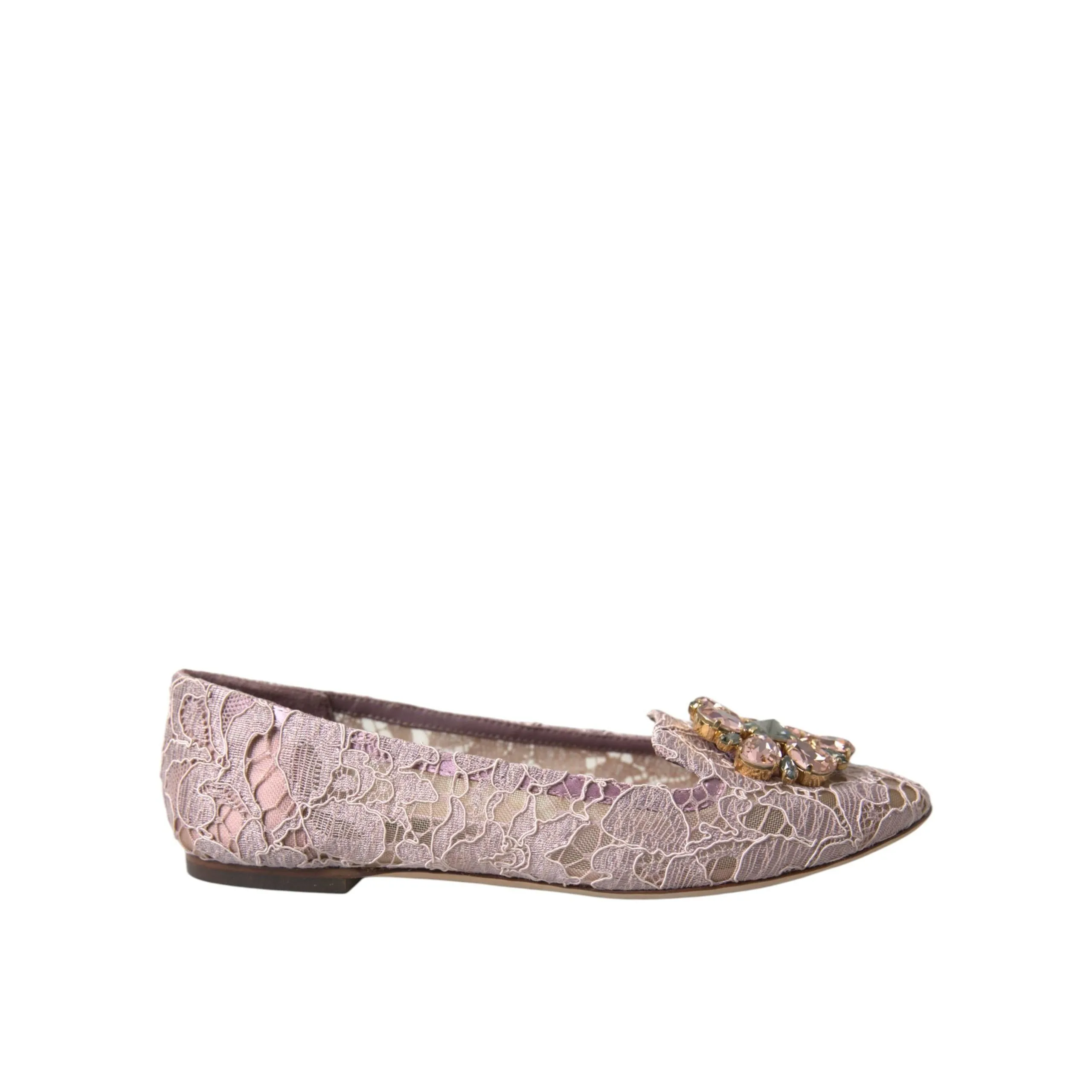 Dolce & Gabbana Pink Lace Crystal Ballet Flats Loafers Shoes