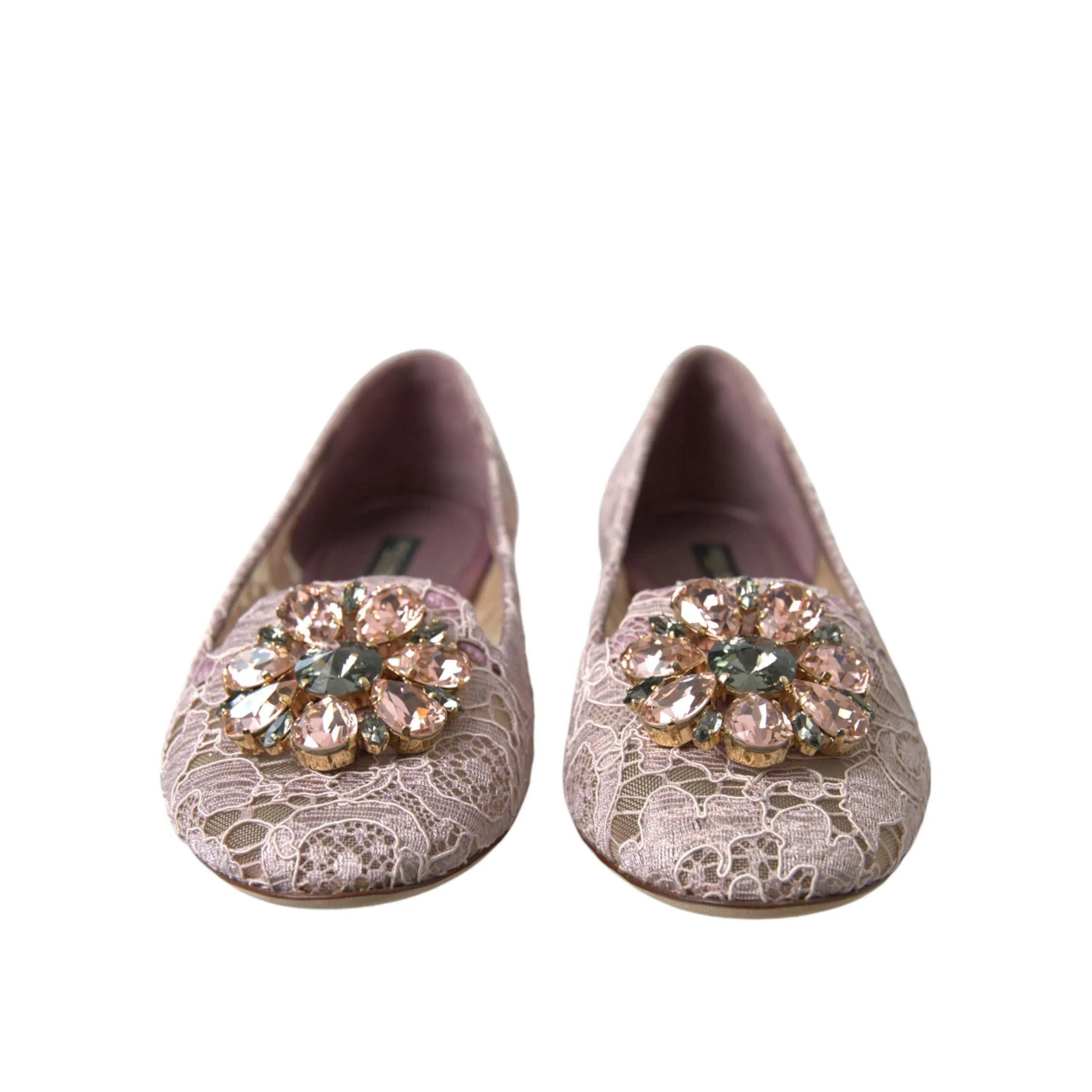 Dolce & Gabbana Pink Lace Crystal Ballet Flats Loafers Shoes