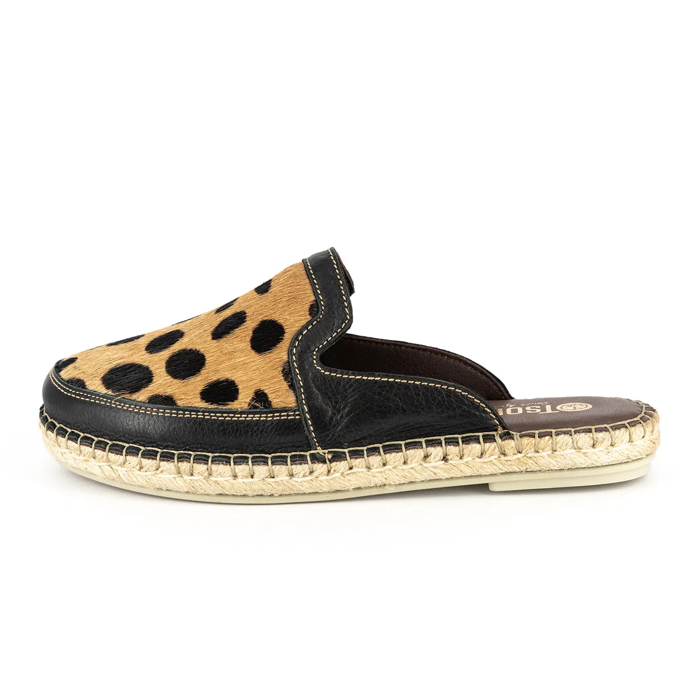 Halamuza : Ladies Leather Espadrille Mule in Black Vintage & Spotted Print