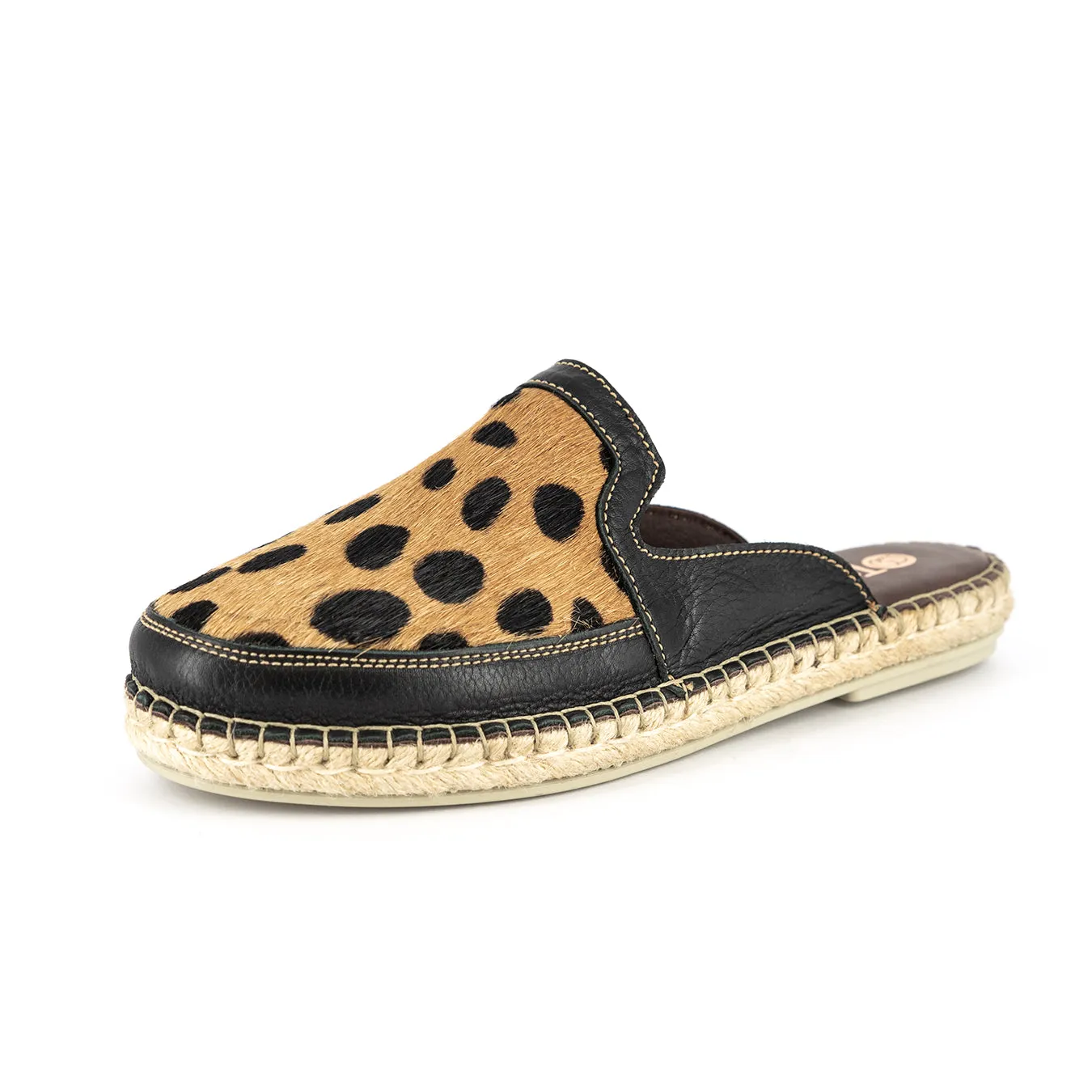 Halamuza : Ladies Leather Espadrille Mule in Black Vintage & Spotted Print