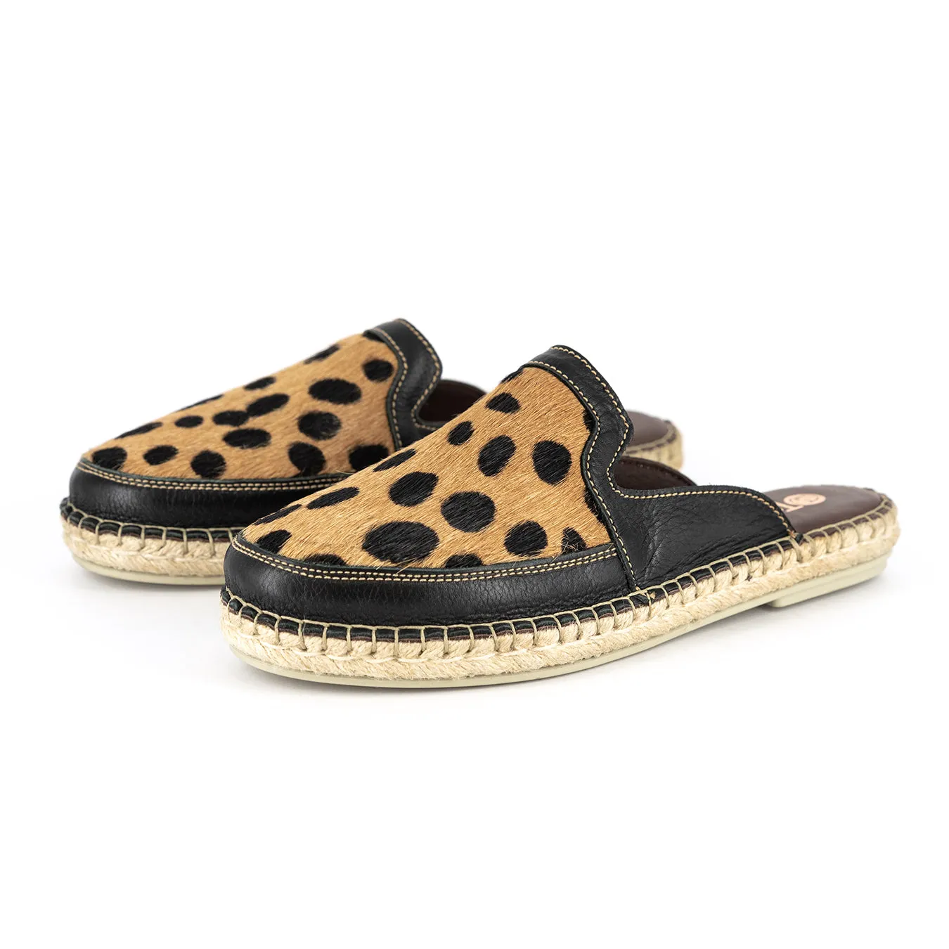 Halamuza : Ladies Leather Espadrille Mule in Black Vintage & Spotted Print