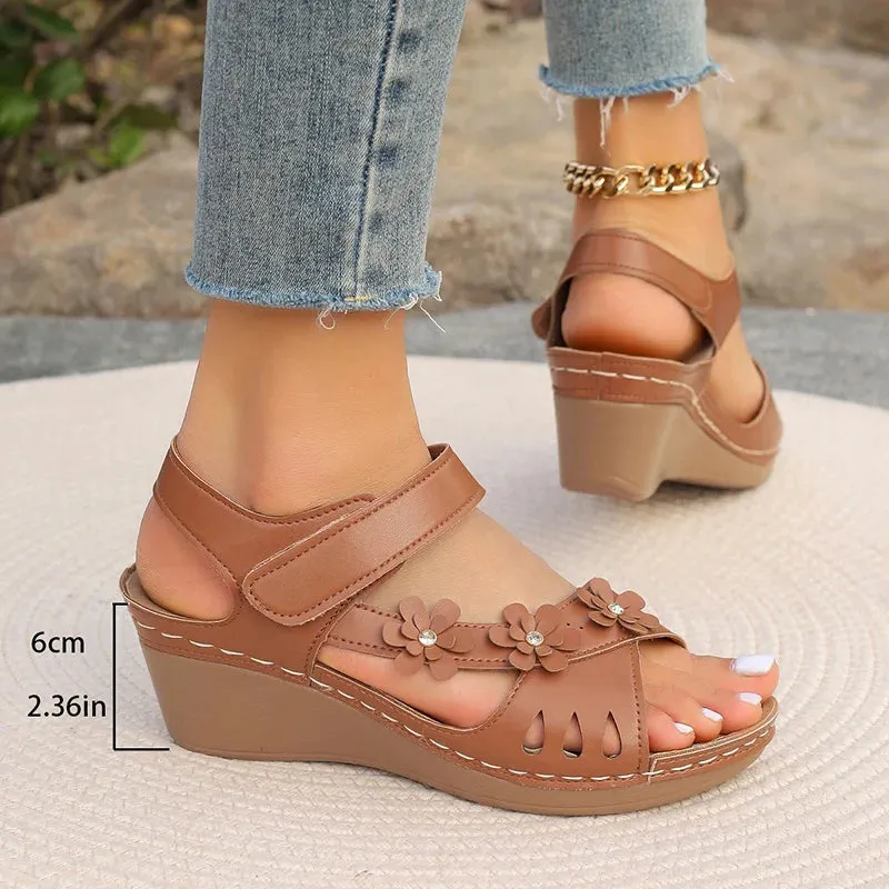 Hnzxzm Women's Retro Flower Decor Wedge Sandals Thick Bottom Platform Sandles Woman Plus Size 42 Lightweight Casual Gladiator Shoes