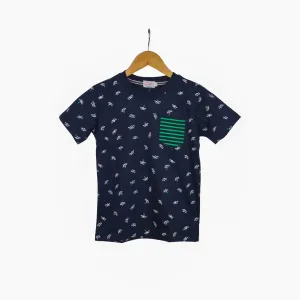 JKC Short Sleeves T-shirt with Boat Full Print and Stripes Chest Pocket - Navy Blue