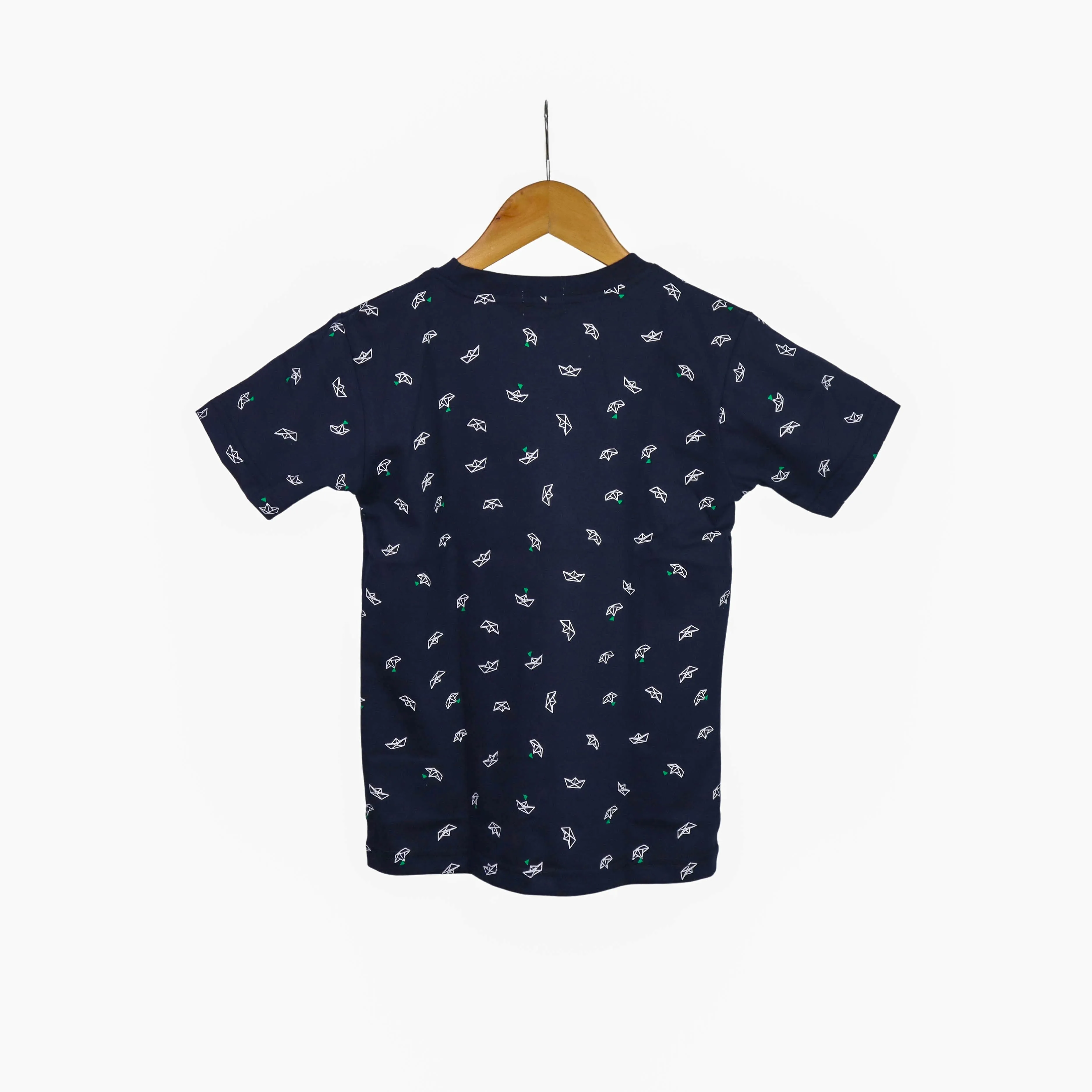 JKC Short Sleeves T-shirt with Boat Full Print and Stripes Chest Pocket - Navy Blue