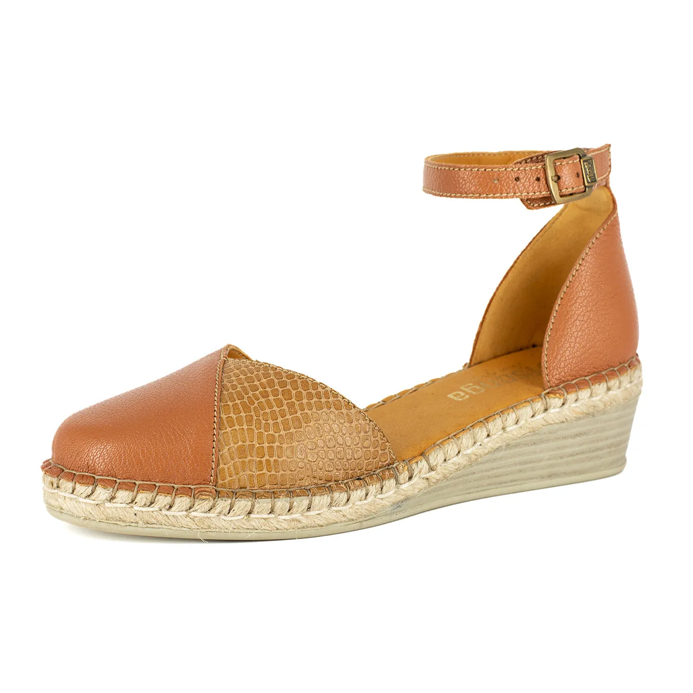 Mirembe : Ladies Leather Wedge Espadrille in Oak Cayak & Walnut Coco Lux