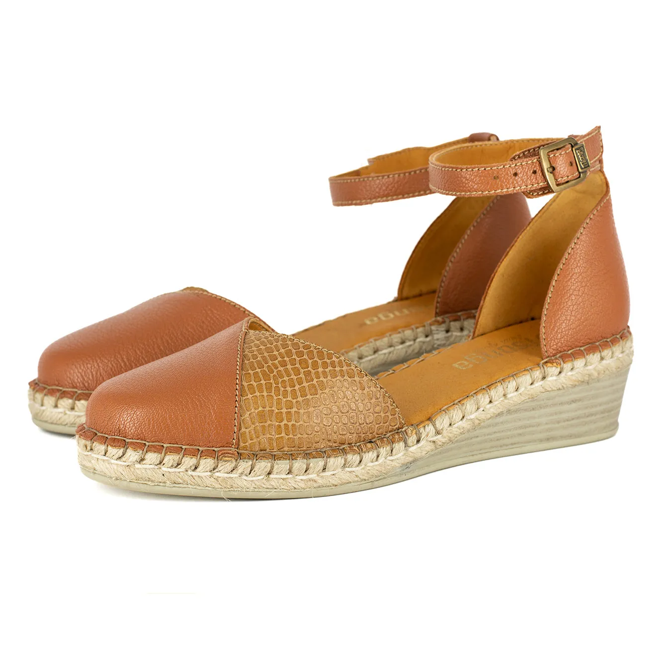 Mirembe : Ladies Leather Wedge Espadrille in Oak Cayak & Walnut Coco Lux