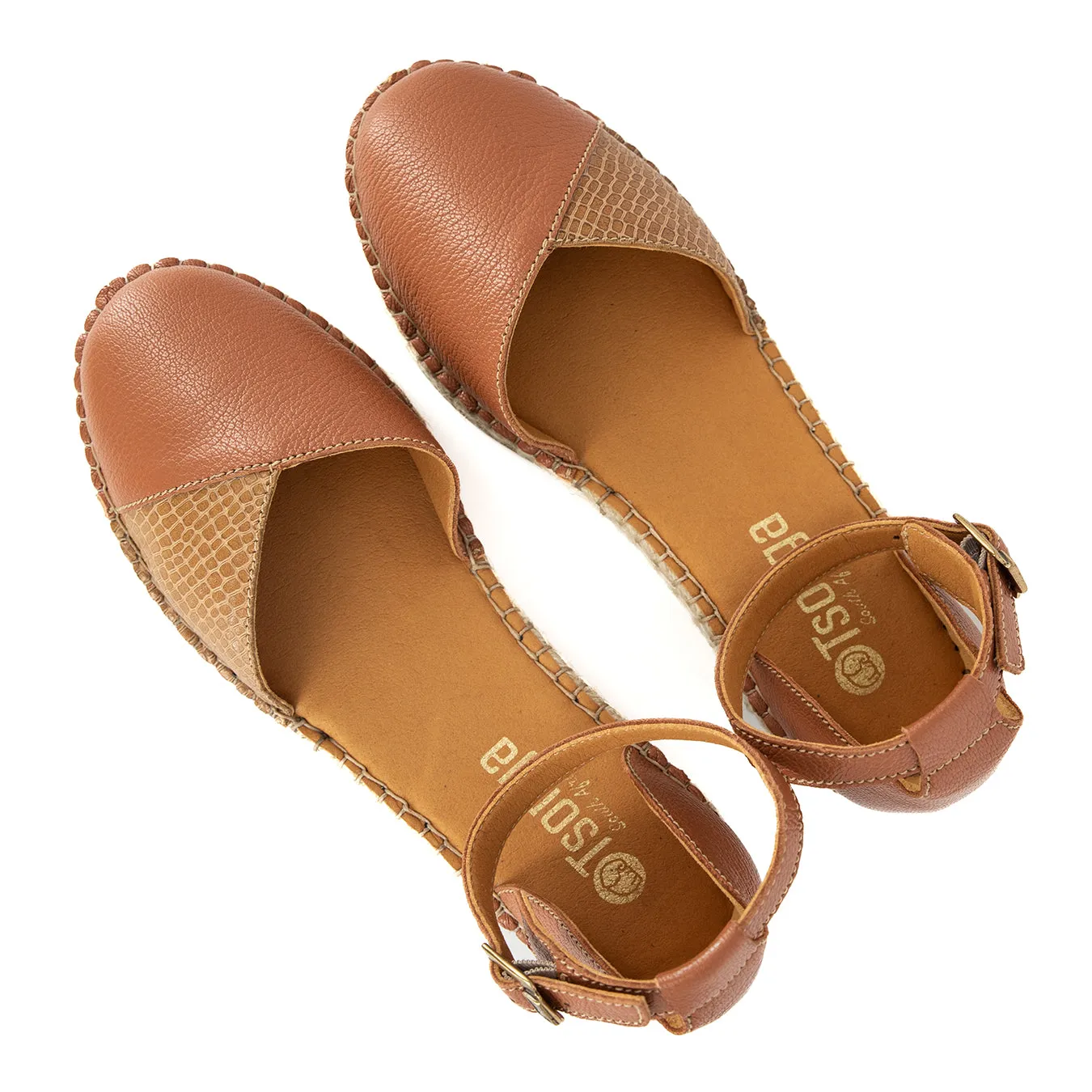 Mirembe : Ladies Leather Wedge Espadrille in Oak Cayak & Walnut Coco Lux