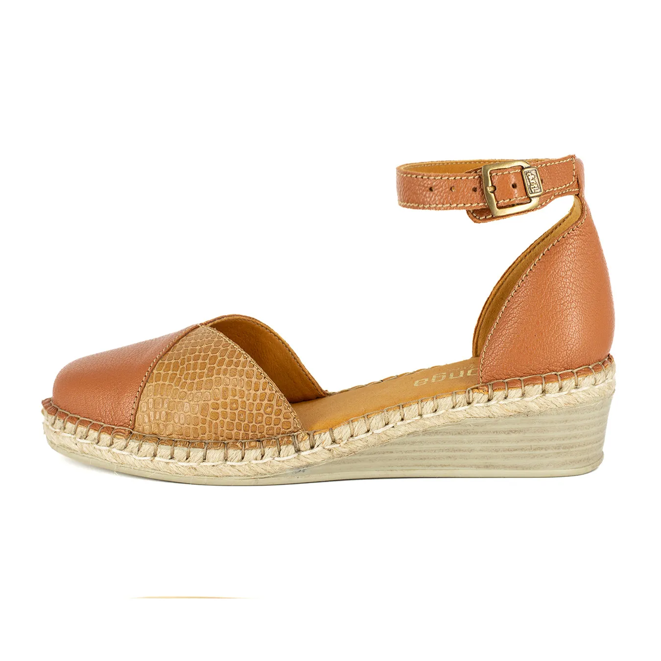 Mirembe : Ladies Leather Wedge Espadrille in Oak Cayak & Walnut Coco Lux