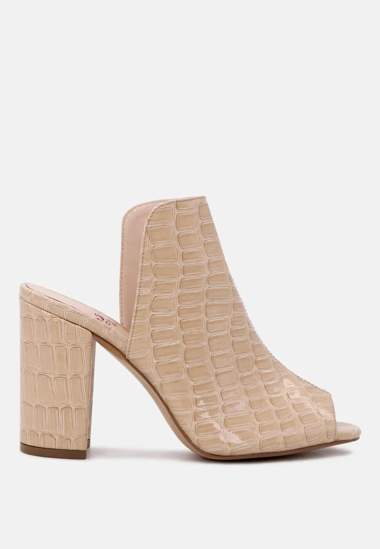 Peep-Toe High Heel Mules In Croc Print