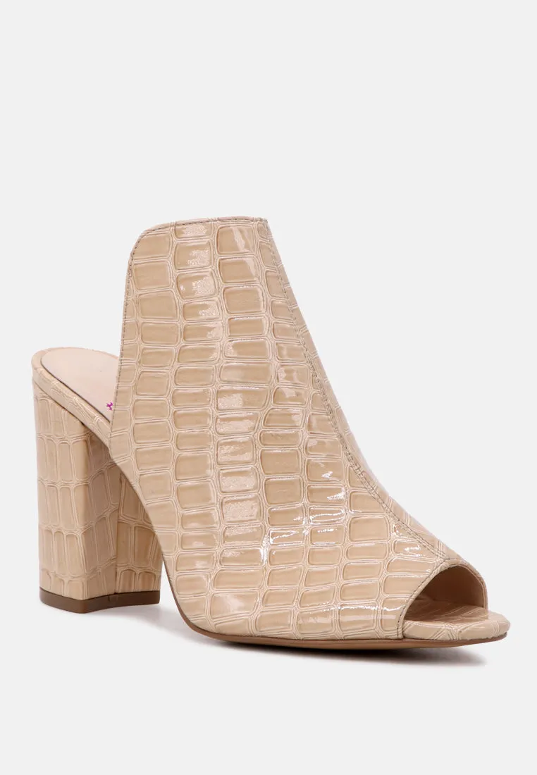 Peep-Toe High Heel Mules In Croc Print