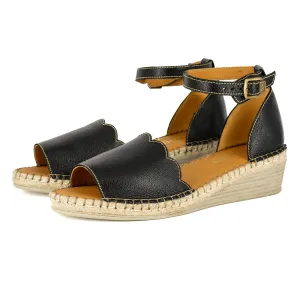 Pulika : Ladies Leather Wedge Espadrille in Black Cayak