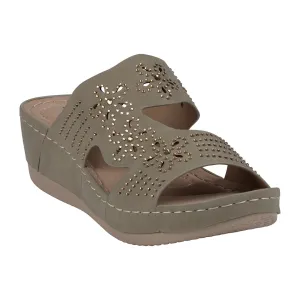 Santiago Green Perforated Studded Wedge Sandals