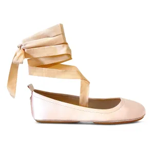 Simone Ankle Wrap Flats in Champagne Satin