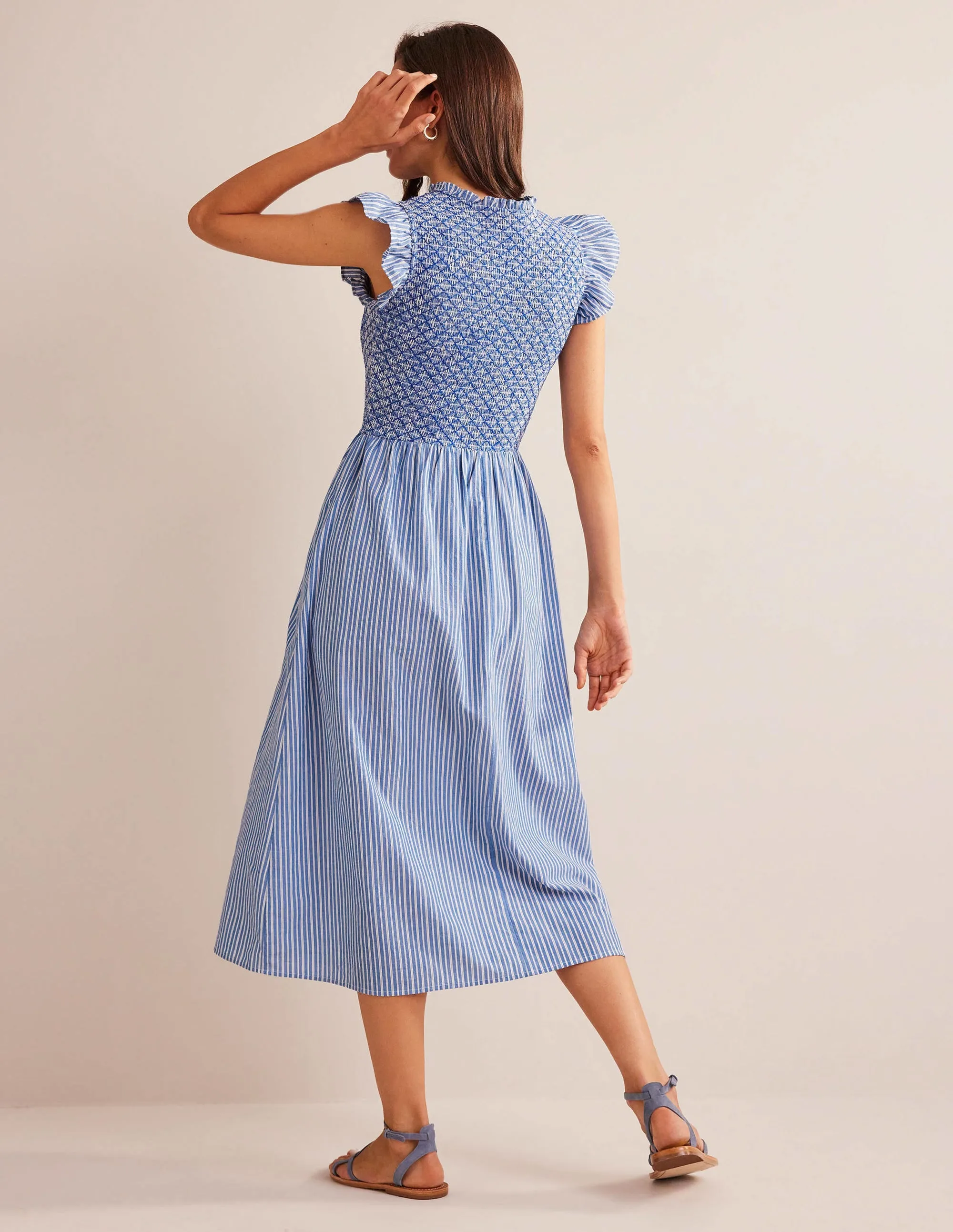 Smocked Bodice Midi Dress-Mid Blue, Leno Stripe