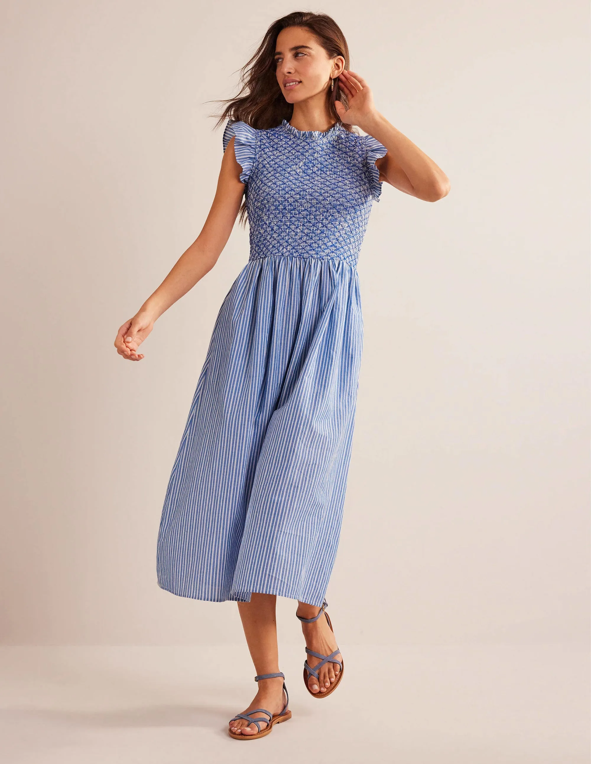 Smocked Bodice Midi Dress-Mid Blue, Leno Stripe