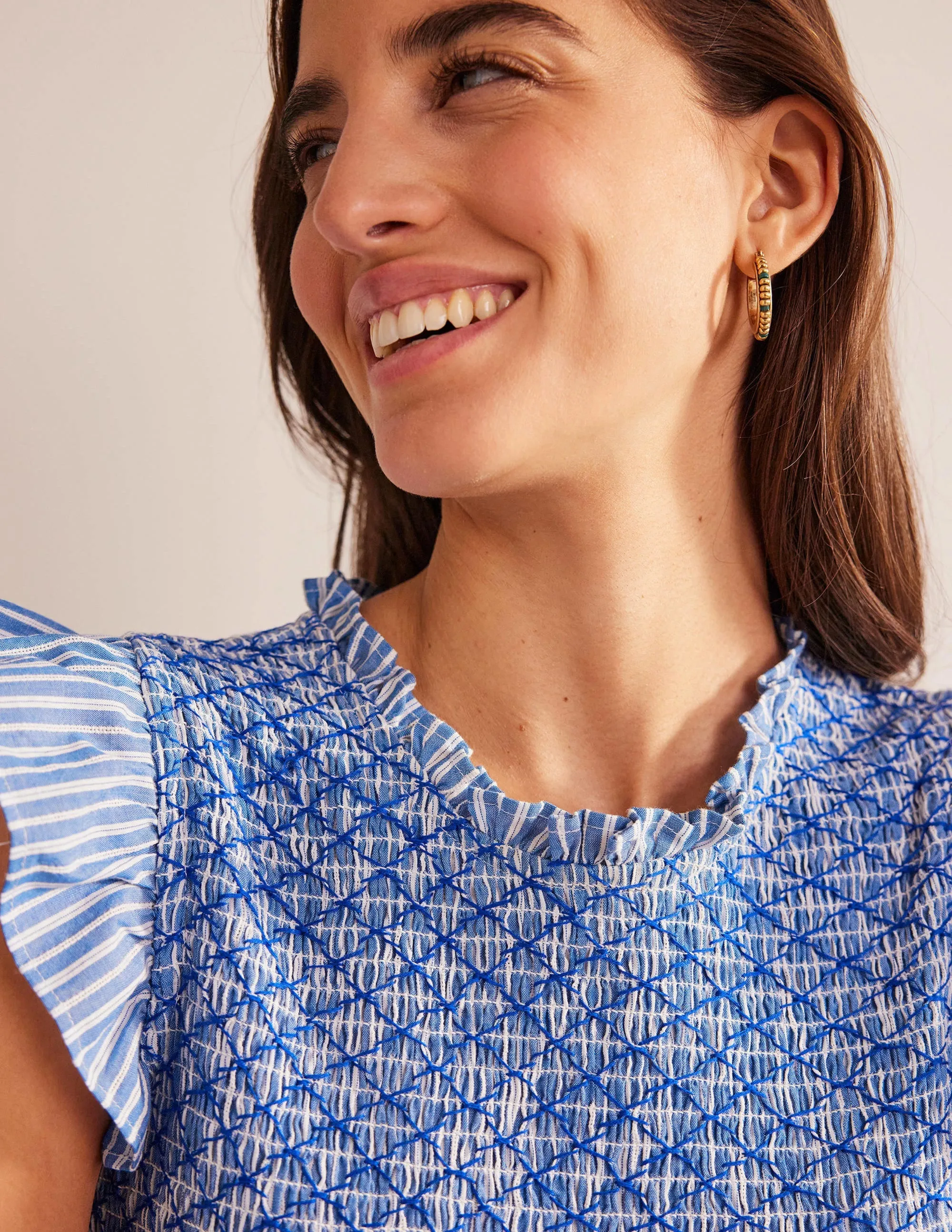 Smocked Bodice Midi Dress-Mid Blue, Leno Stripe