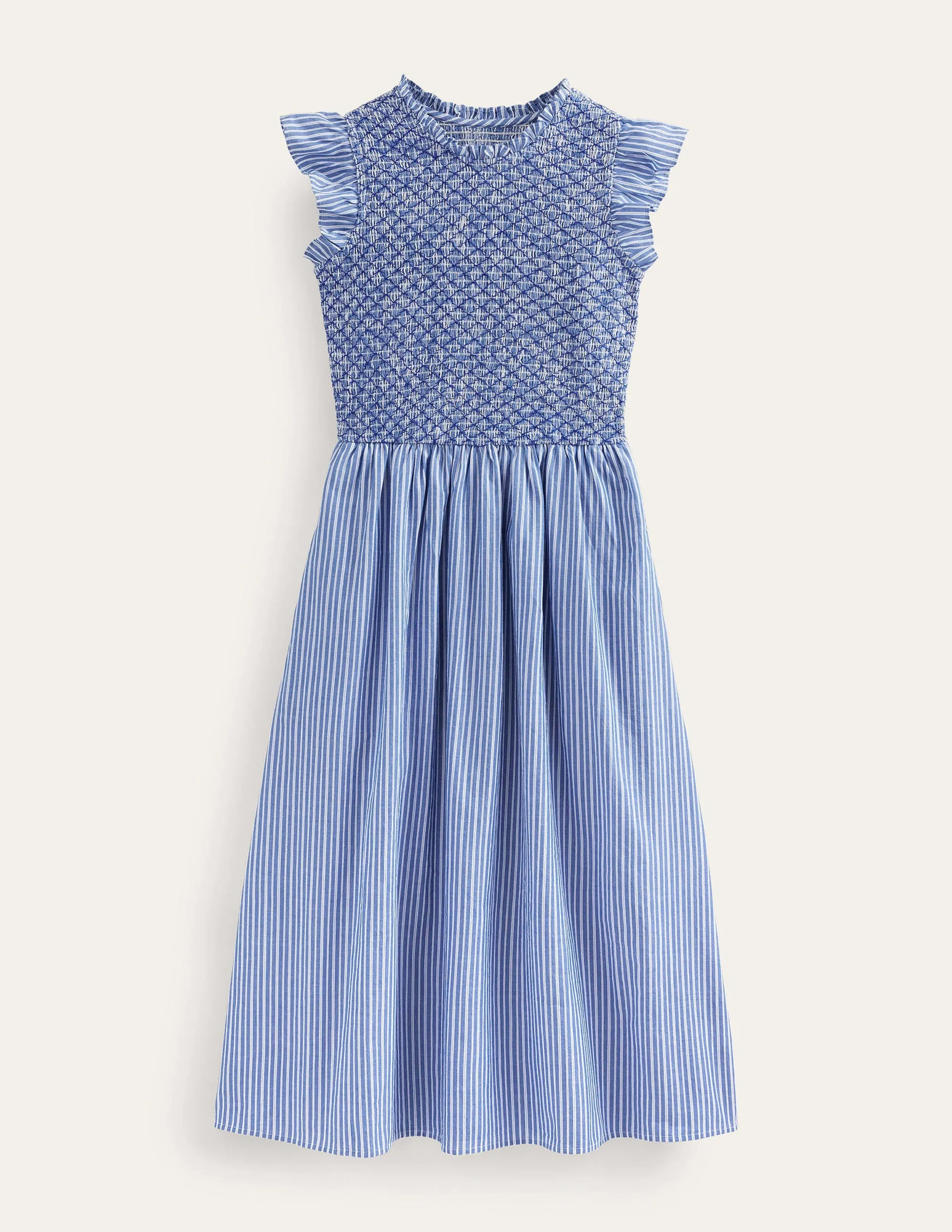 Smocked Bodice Midi Dress-Mid Blue, Leno Stripe