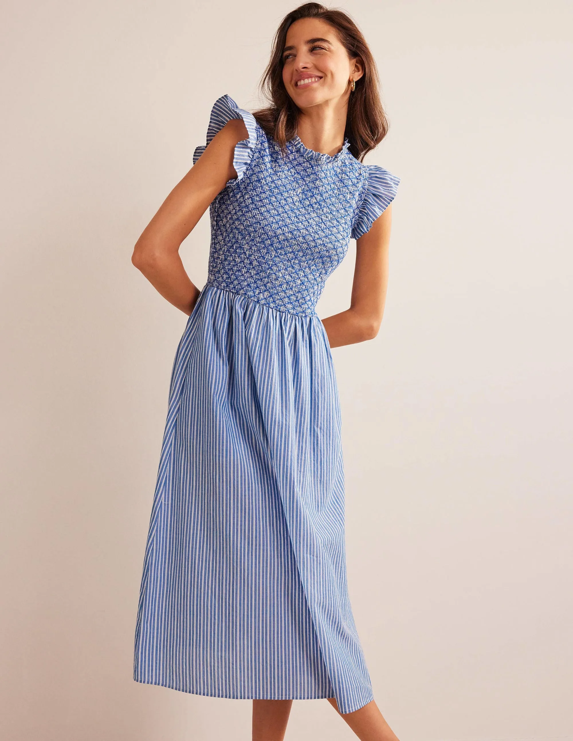 Smocked Bodice Midi Dress-Mid Blue, Leno Stripe