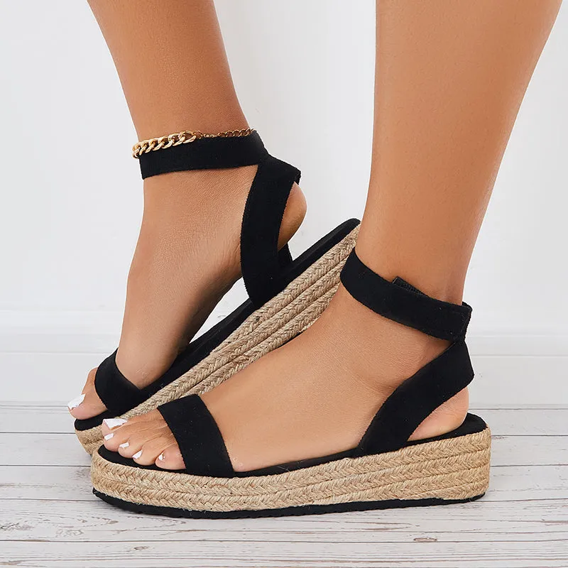 Sohiwoo  Black Espadrille Platform Wedges Sandals for Women