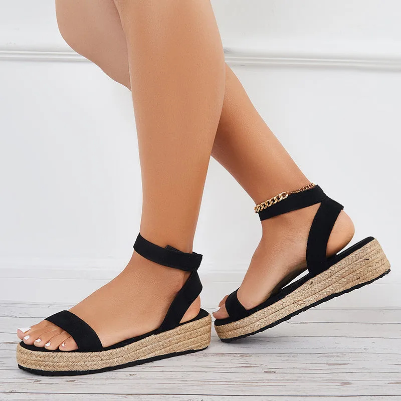 Sohiwoo  Black Espadrille Platform Wedges Sandals for Women