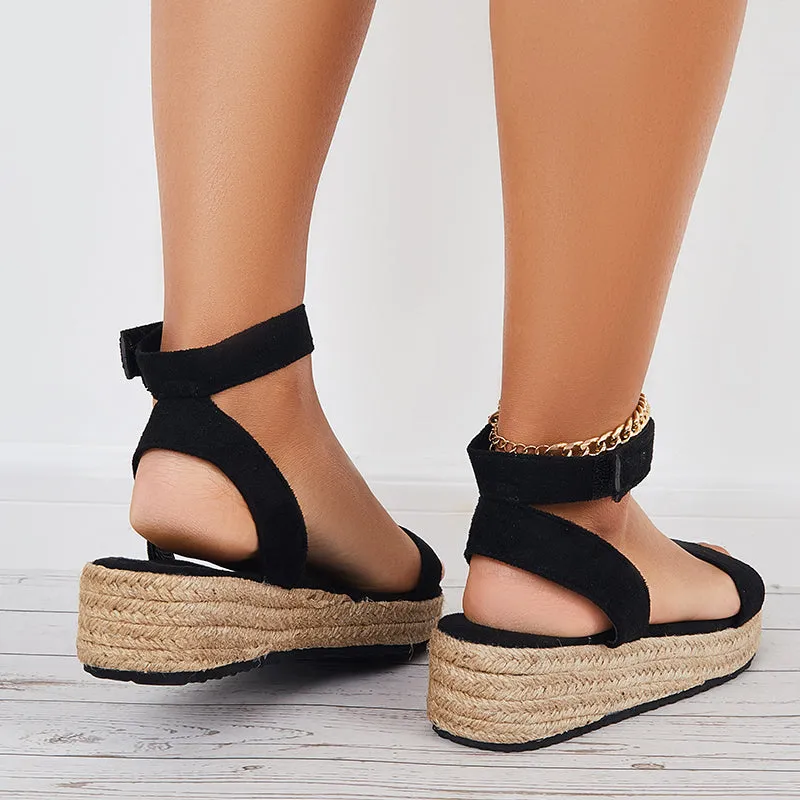 Sohiwoo  Black Espadrille Platform Wedges Sandals for Women