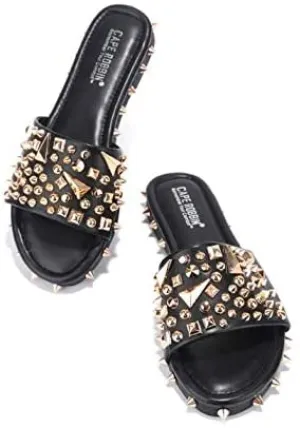 Spike Studded Black Slip On Mules Tonie Slide Sandals