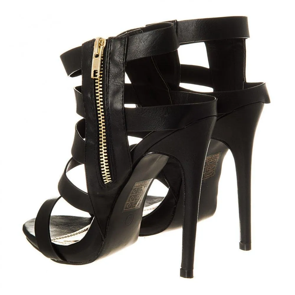 Suzzy High Heel Open Toe Strappy Sandal With Gold Side Zip