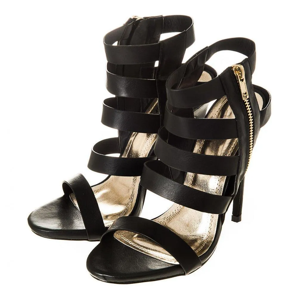 Suzzy High Heel Open Toe Strappy Sandal With Gold Side Zip