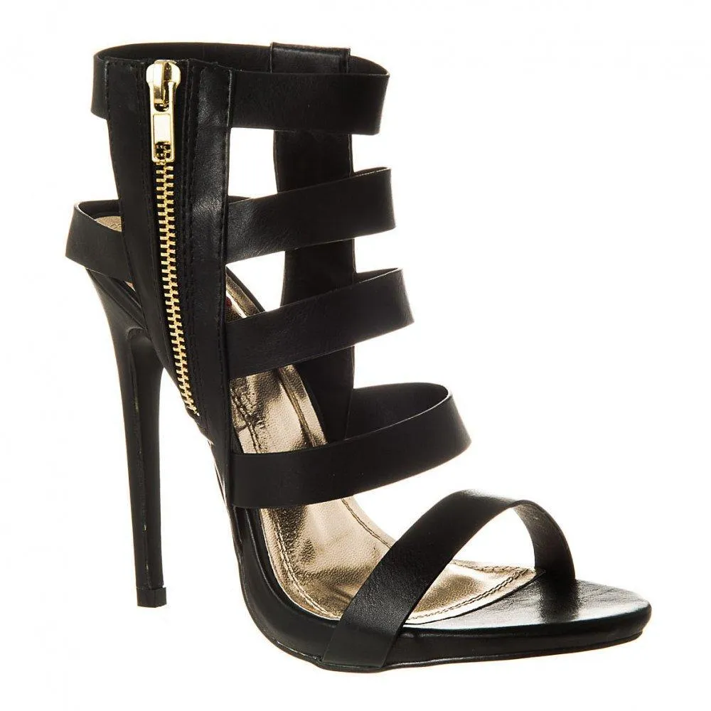 Suzzy High Heel Open Toe Strappy Sandal With Gold Side Zip