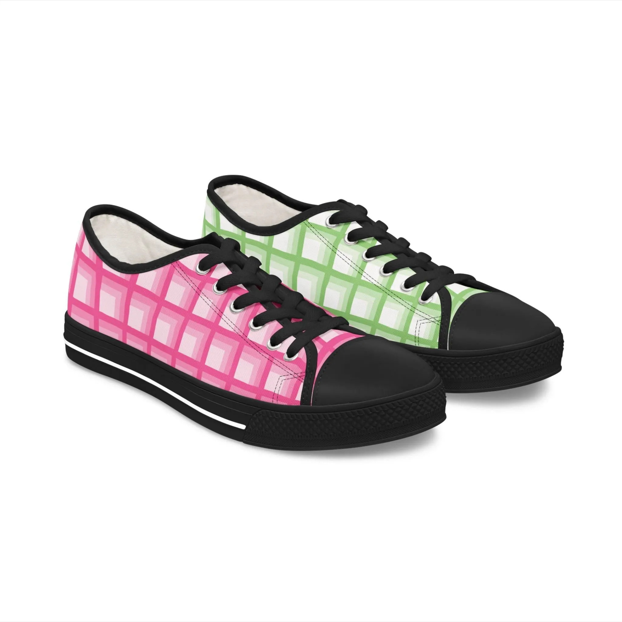 Women's Green & Pink Mismatched Geometric Low Top Sneakers