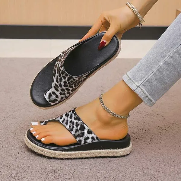 Women's Leopard Print Toe Ring Espadrille Platform Slide Sandals 30092348C