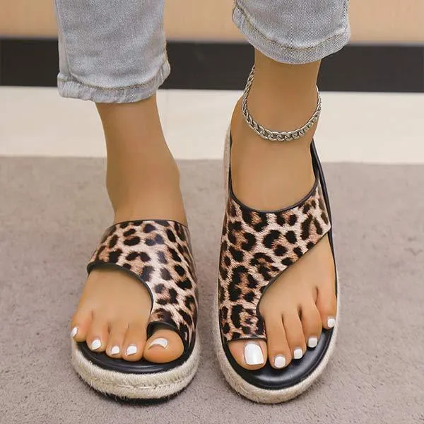 Women's Leopard Print Toe Ring Espadrille Platform Slide Sandals 30092348C