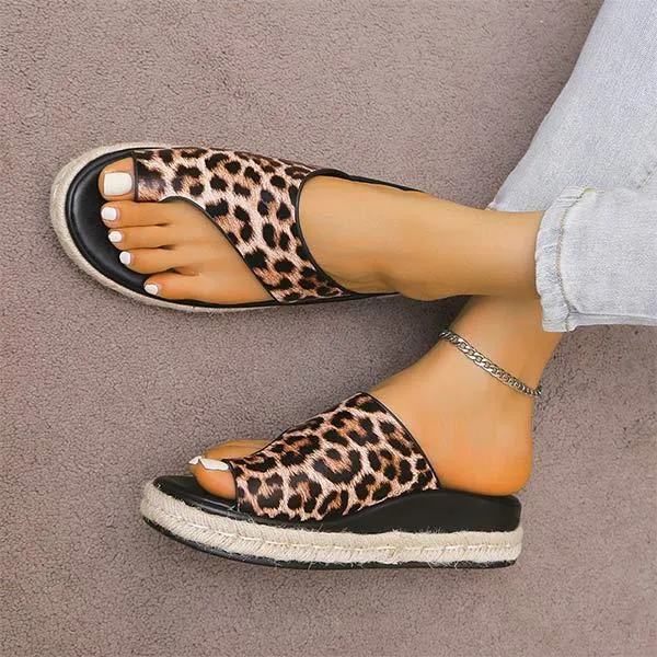 Women's Leopard Print Toe Ring Espadrille Platform Slide Sandals 30092348C