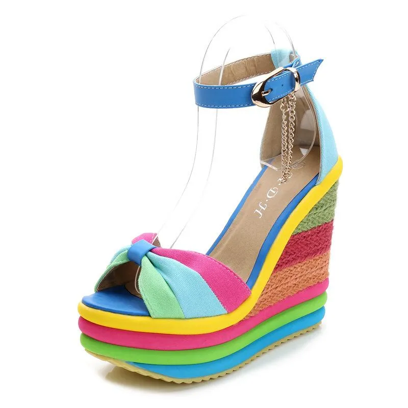 Women's peep toe rainbow platform wedge sandals