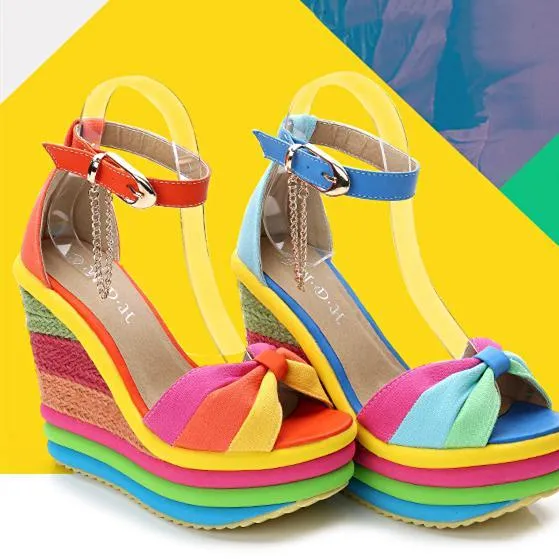 Women's peep toe rainbow platform wedge sandals