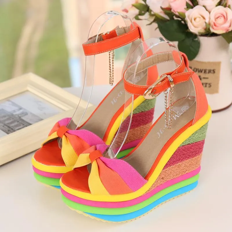 Women's peep toe rainbow platform wedge sandals