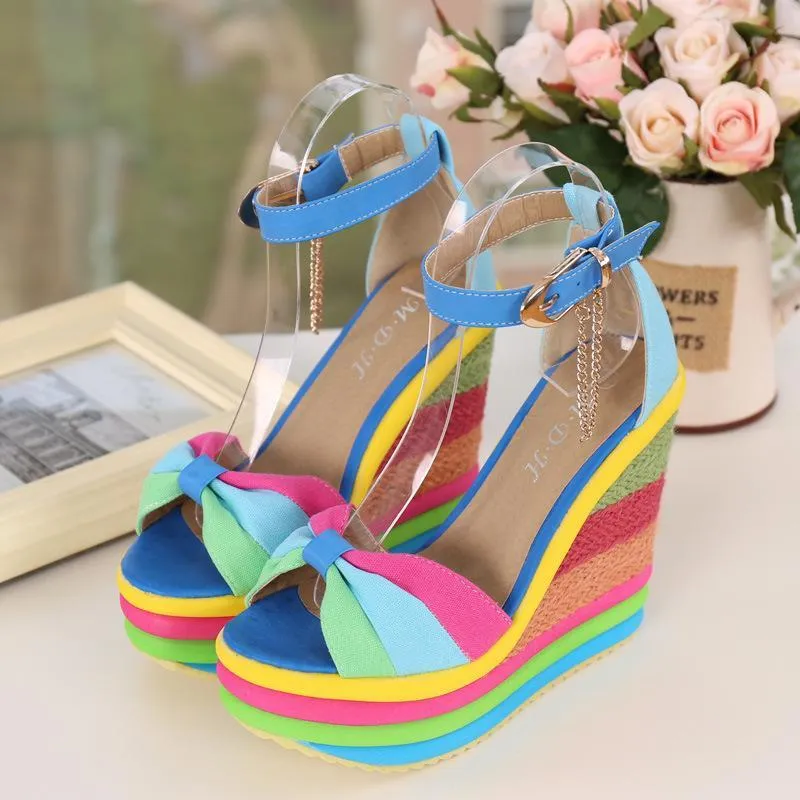 Women's peep toe rainbow platform wedge sandals