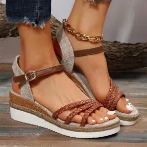 Women's Platform Wedge Sandals with Buckled One-Strap 08525091C