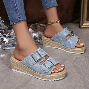 Women's Vintage Peep-Toe Casual Platform Wedge Slide Sandals 06516277C